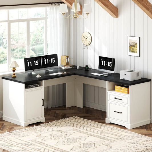 L Shaped Executive Desk with File Drawers, 60" Corner Computer Desk with Power Outlets