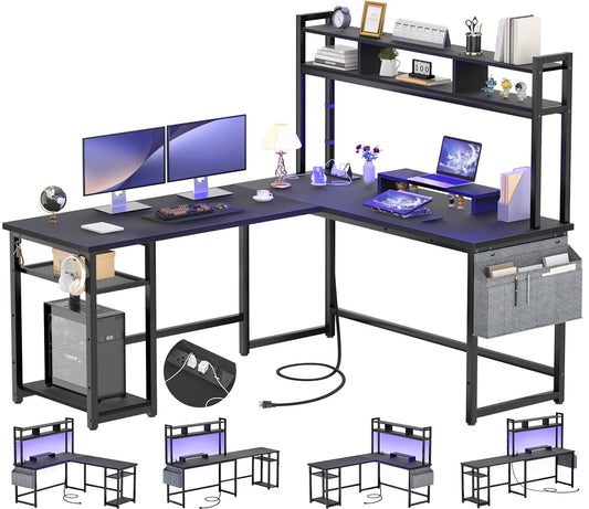 L Shaped Desk with Power Outlet, LED Strip, Storage Shelf