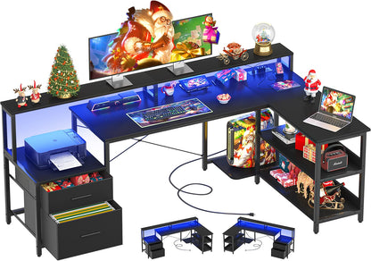 L Shaped Desk with File Drawer, 72.8" Reversible L Shaped Computer Desk with Power Outlet & LED Strip