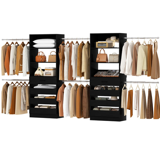 2-Pack Closet Organizer System: Dual 4-9Ft Adjustable Wardrobe Racks with 8 Wooden Drawers, Double Tower Storage, 8 Hanging Rods & Garment Racks ﻿