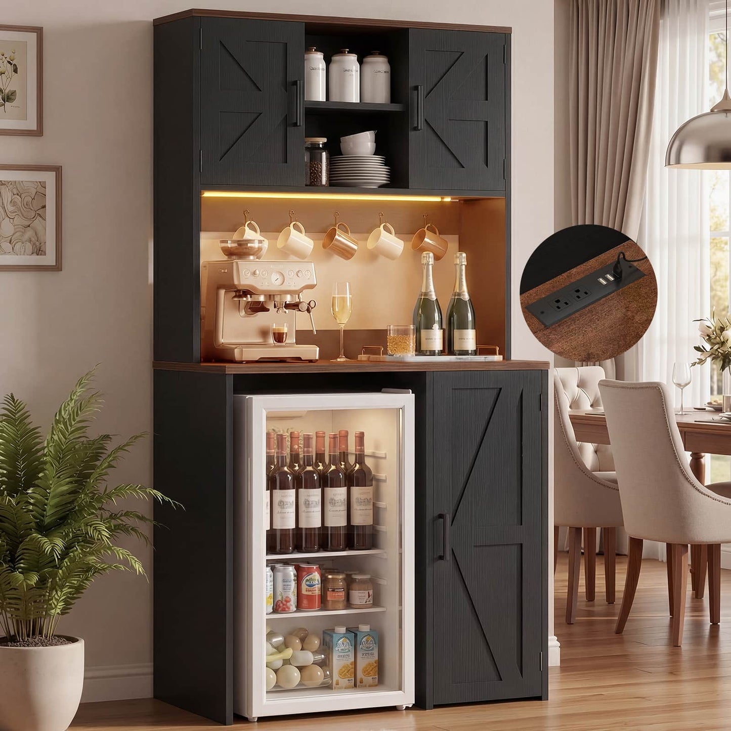 3-in-1 Mini Fridge Cabinet & Coffee Bar Station - with Power Outlet, LED Light, Microwave Shelf & Wine Storage