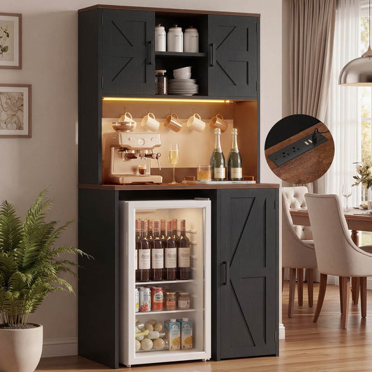 3-in-1 Mini Fridge Cabinet & Coffee Bar Station - with Power Outlet, LED Light, Microwave Shelf & Wine Storage