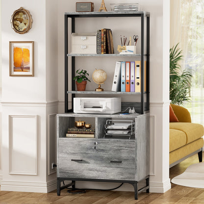 File Cabinet with Charging Station, Vertical Filing Cabinet with Lock & Large Drawer