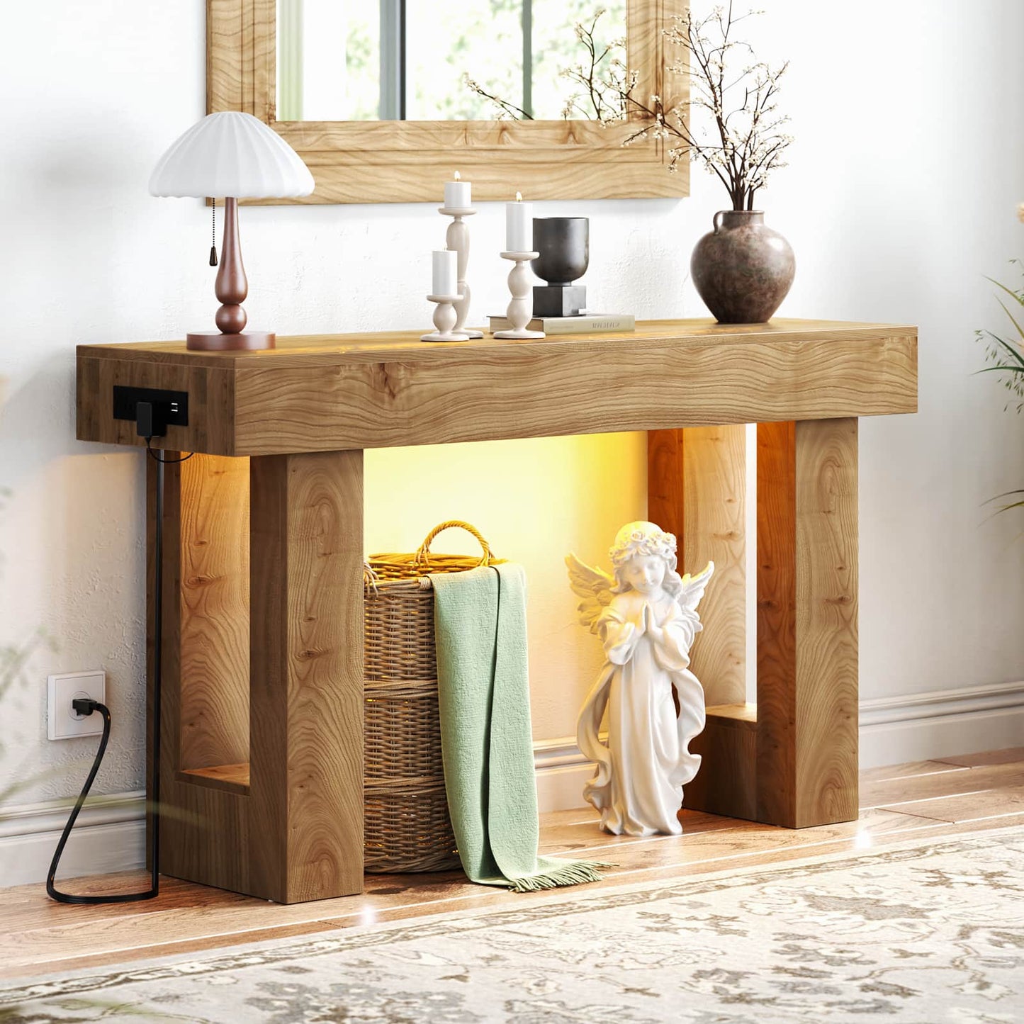 47" Console Table with Socket & Sensor Light, Narrow Entryway Table with Storage for Hallway/Living Room, Farmhouse Style