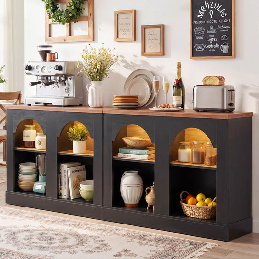 94" Natural Oak Arched Console Table with LED Lights & Adjustable Shelves - Farmhouse Sofa Table, Sideboard Buffet