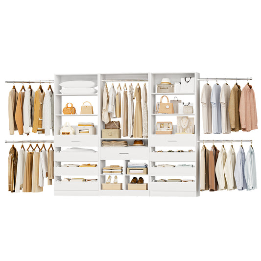3 sets Wardrobe Closet - Two Adjustable Wooden Closet Systems with 8 Drawers & 8 Hanging Rods and One Freestanding Tower with 4 Cubby Storage