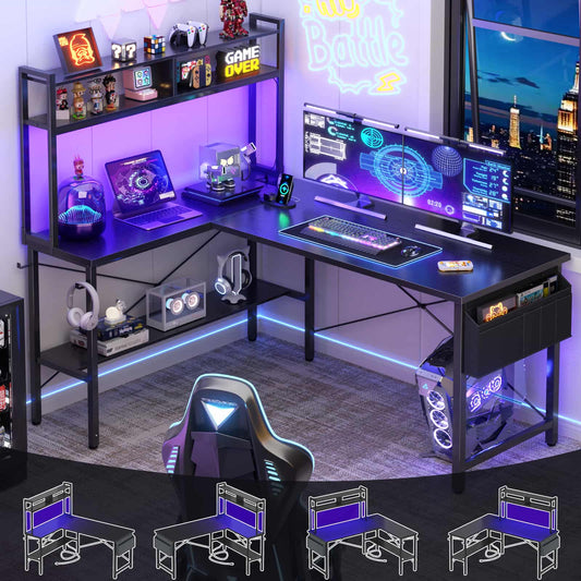 59" L Shaped Desk Gaming Desk with LED Light & Power Outlet