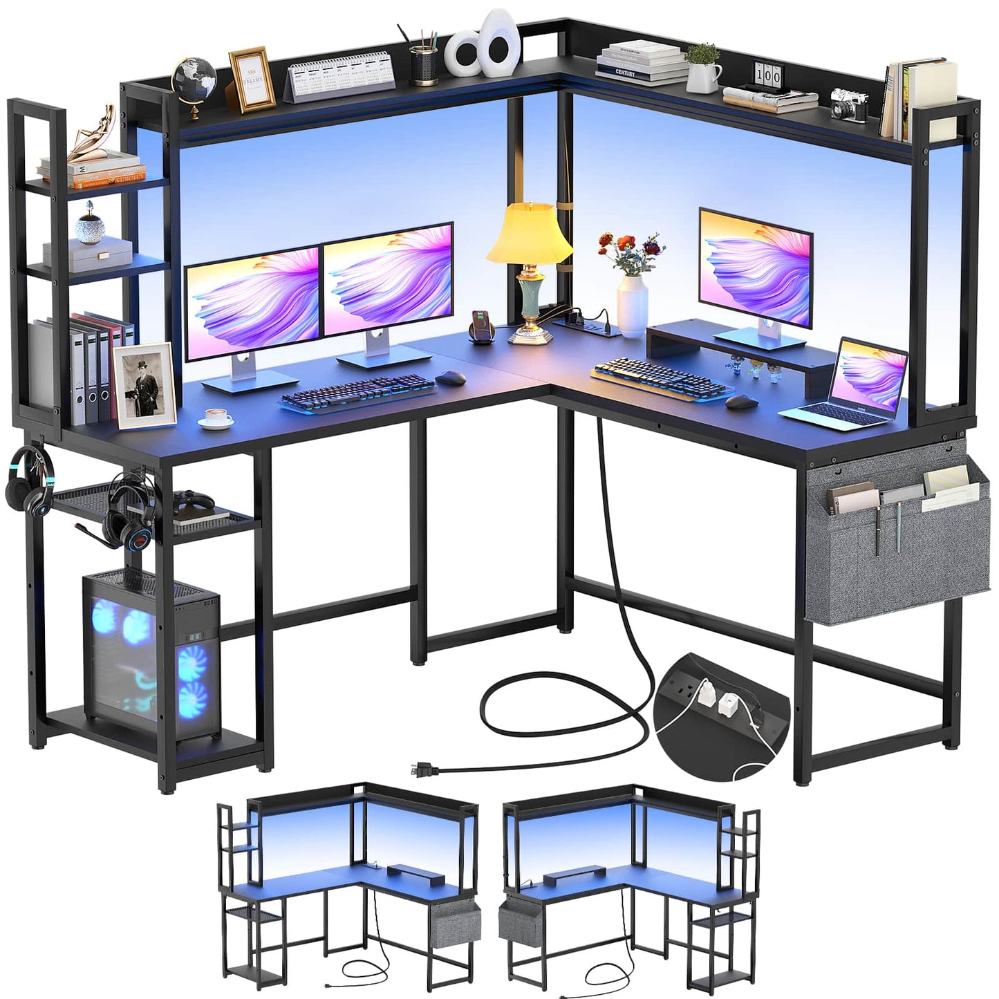 L Shaped Desk with Power Outlet and LED lights