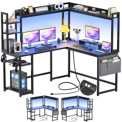 L Shaped Desk with Power Outlet and LED lights