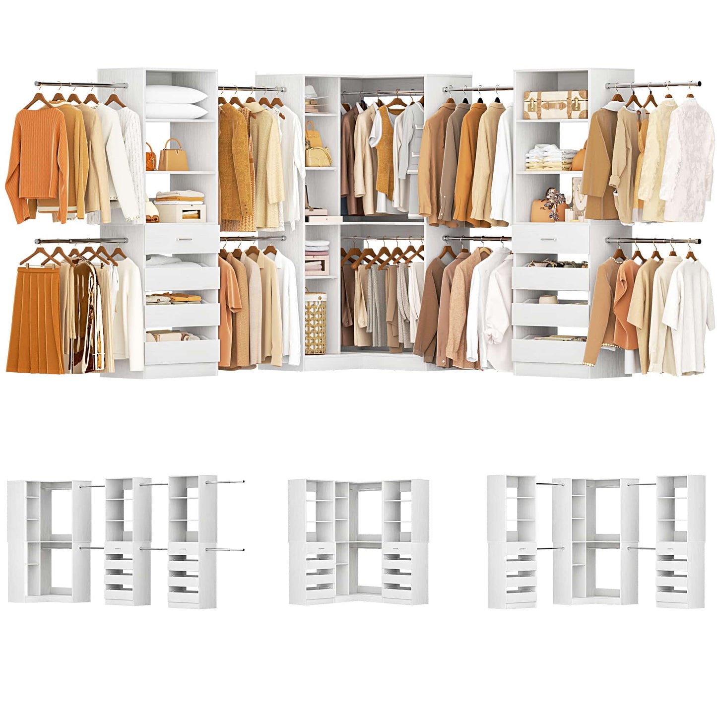 3-Piece Freestanding Wardrobe,79"-267" Adjustable Closet System with Drawers & Shelves for Bedroom/Closet Storage