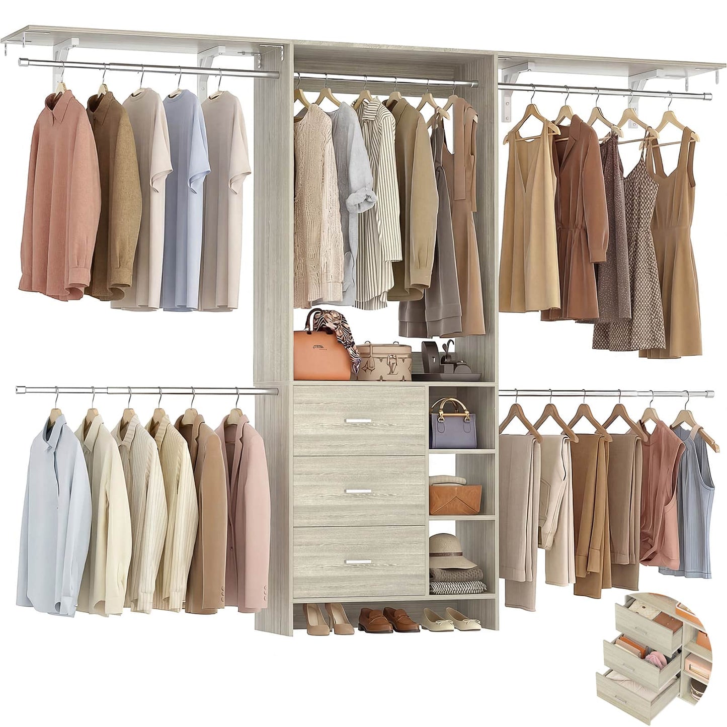 8FT Walk-in Armoire Closet Organizer with 3 Wooden Drawers & Hanging Rods, Adjustable Garment Rack for 5.3-9 ft Spaces,Wardrobe Storage Shelf