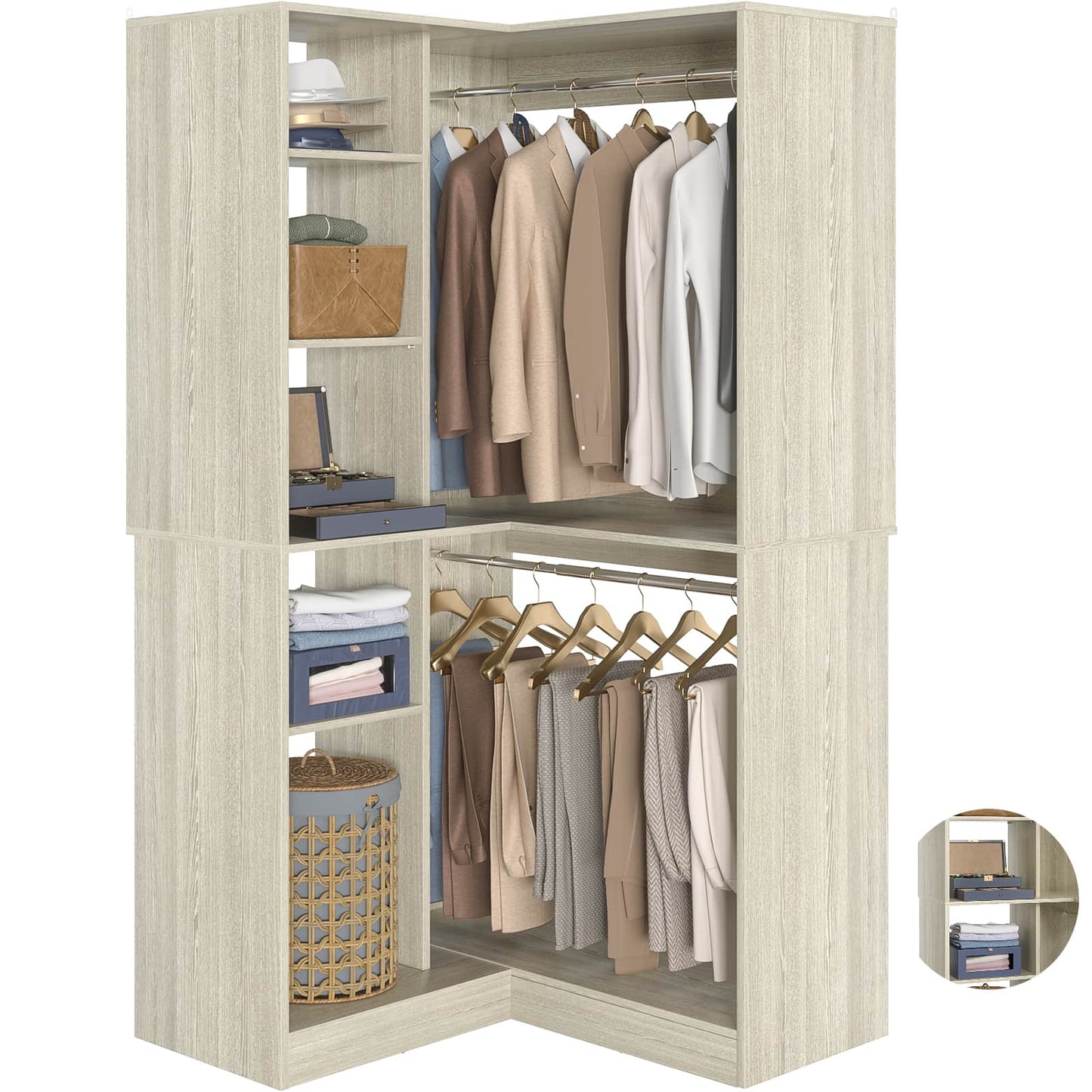 36" Corner Closet System - 2 Rods, Hutches, and 5 Shelves for Versatile Storage, Sturdy and Durable Design Armoire Closet Organizer