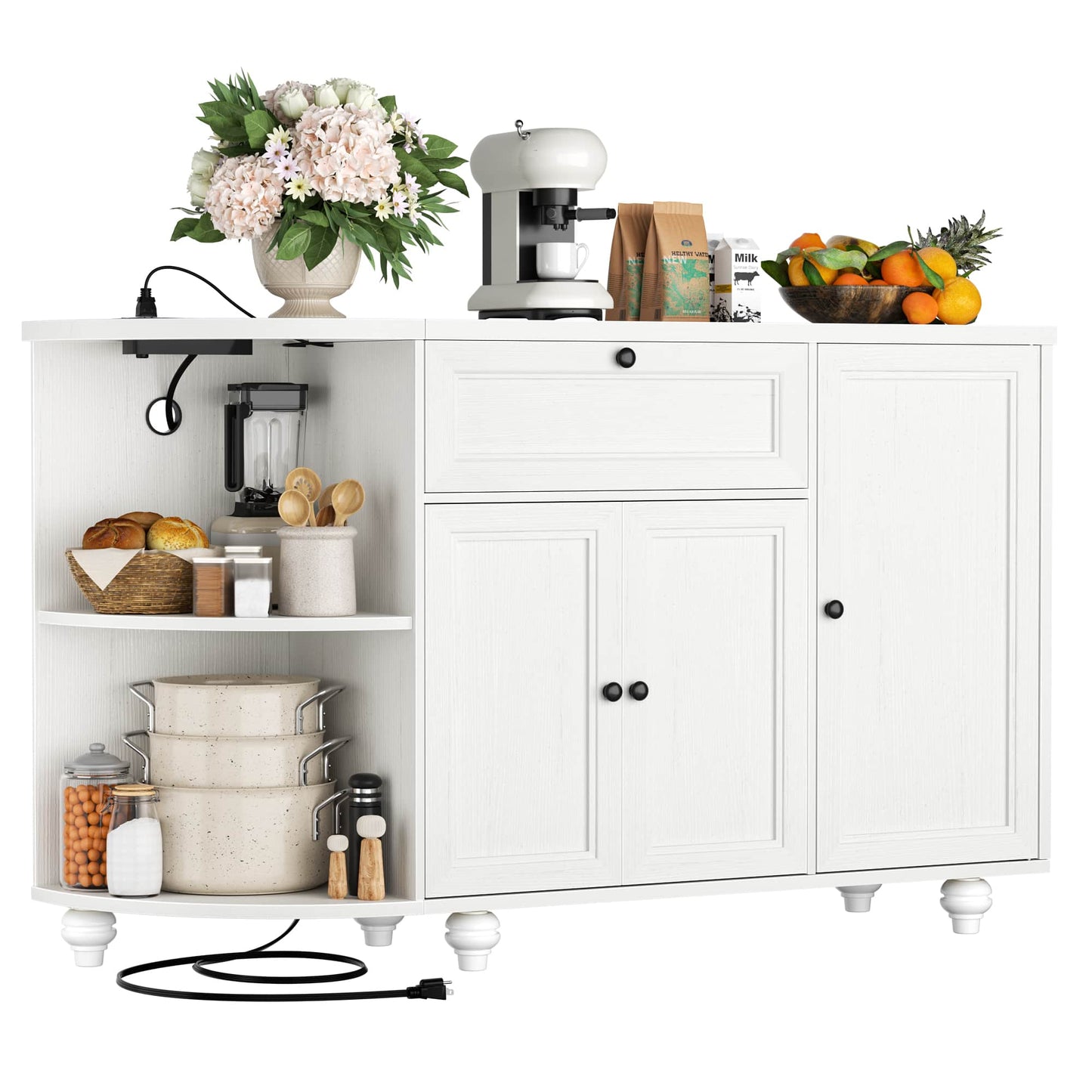 Kitchen Sideboard Cabinet Buffet Table with Power Outlets, 55"Coffee Bar Cabinet with Drawer, Wine Rack/Shelves