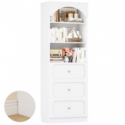 80" Tall Arched Bookcase with 3 Drawers & 3 Open Shelves - Wooden Storage Cabinet for Living Room, Kitchen