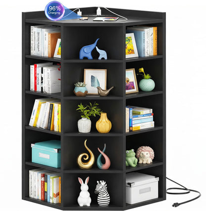 6-Tier Corner Cabinet with Power Outlets & 15 Cubes - Wooden L-Shaped Bookshelf, Toy Storage for Home Office, Bedroom, Living Room