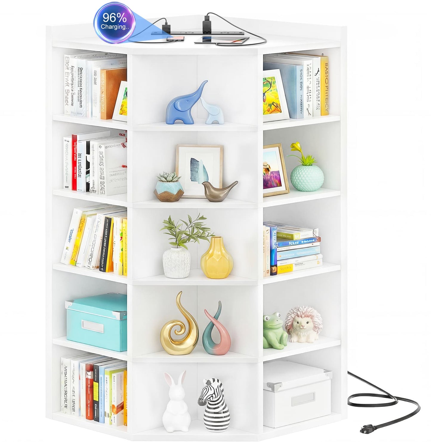 6-Tier Corner Cabinet with Power Outlets & 15 Cubes - Wooden L-Shaped Bookshelf, Toy Storage for Home Office, Bedroom, Living Room