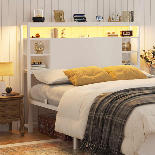 Full Headboard with Storage, Headboards with Power Outlets and Smart LED Light, Sturdy Head Board for Full Size Bed