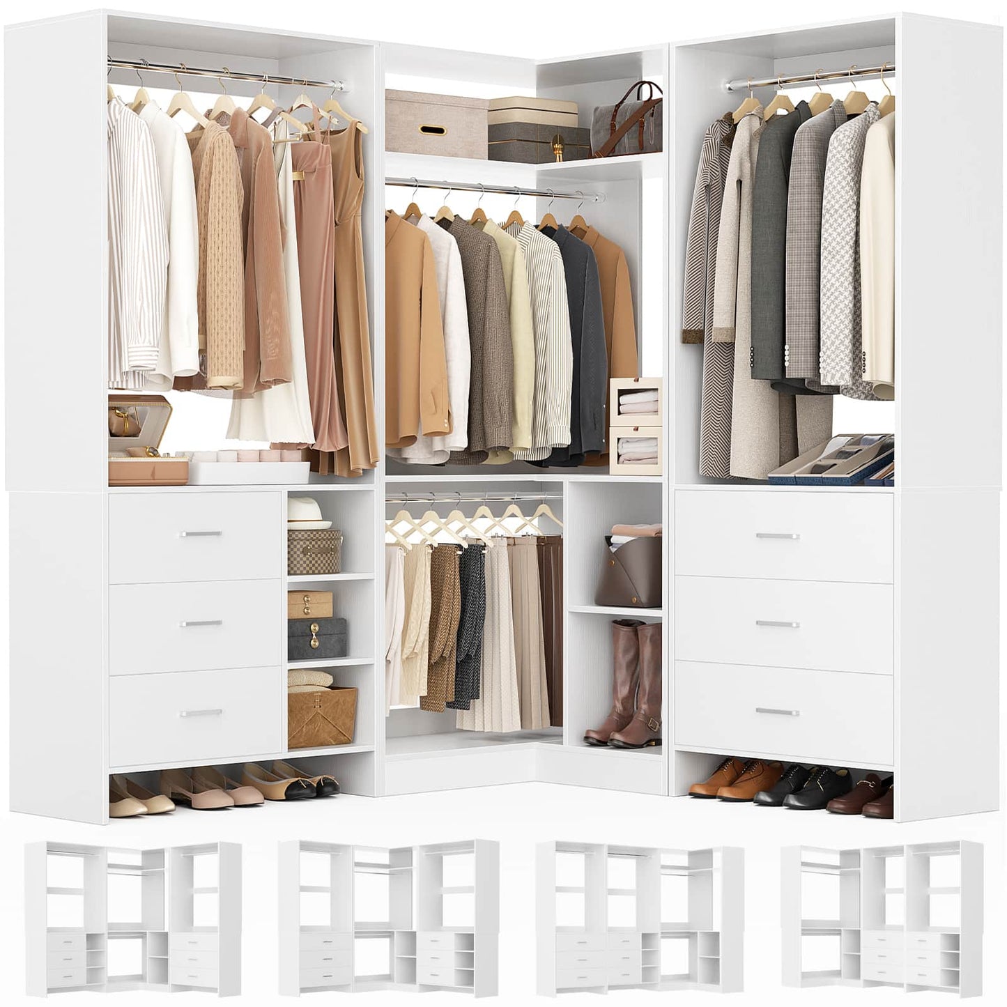 Closet System with 6 Drawers, 4 Hanging Rods & Corner Tower