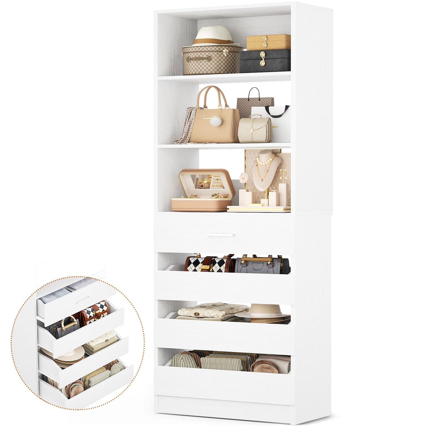 Space-Saving Modular Closet Organizer System with 4 Drawers & Adjustable Shelves - Wood Storage Cabinet