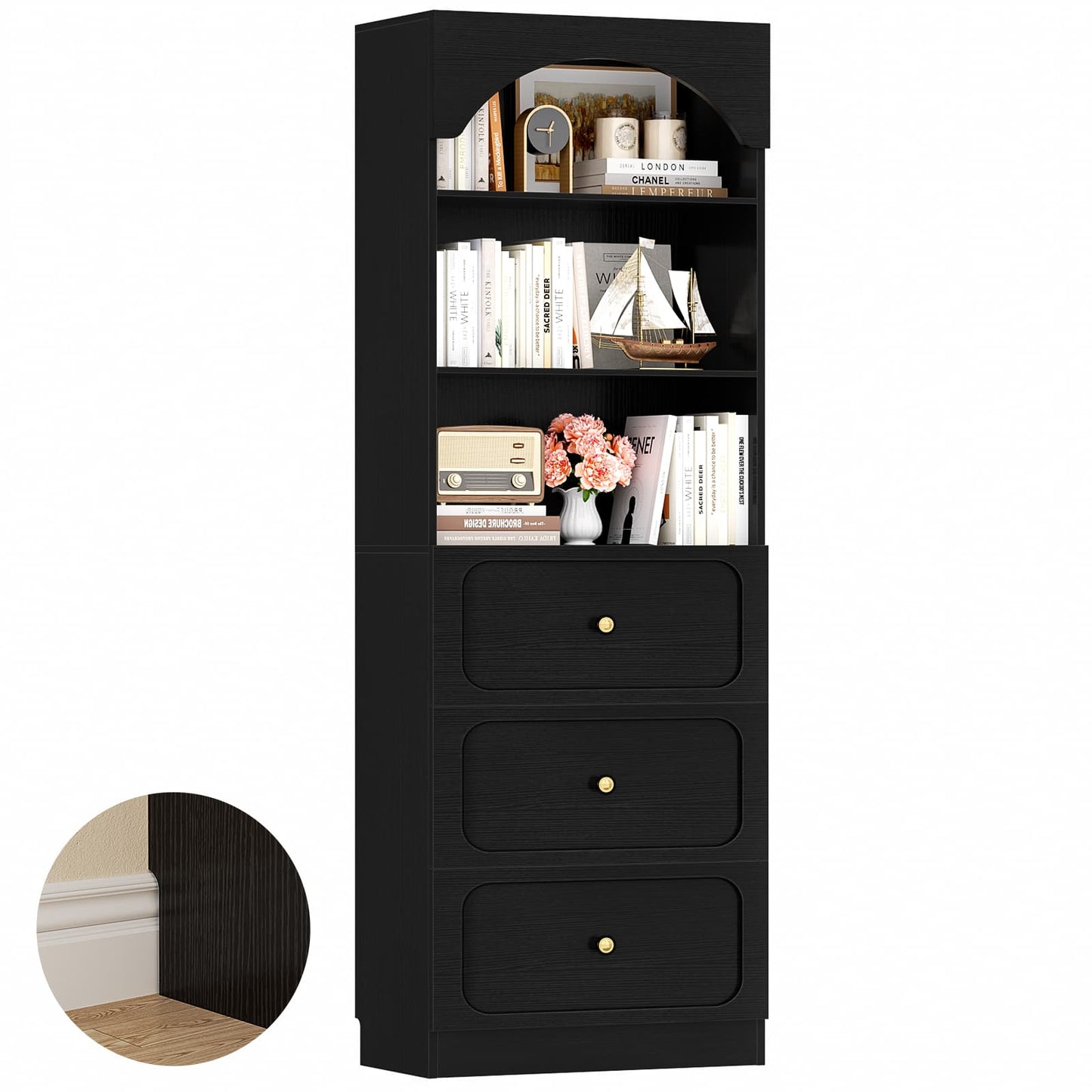 80" Tall Arched Bookcase with 3 Drawers & 3 Open Shelves - Wooden Storage Cabinet for Living Room, Kitchen