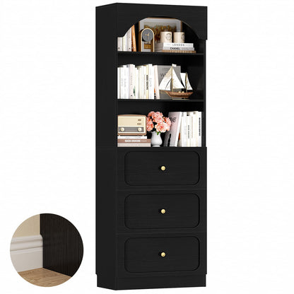80" Tall Arched Bookcase with 3 Drawers & 3 Open Shelves - Wooden Storage Cabinet for Living Room, Kitchen