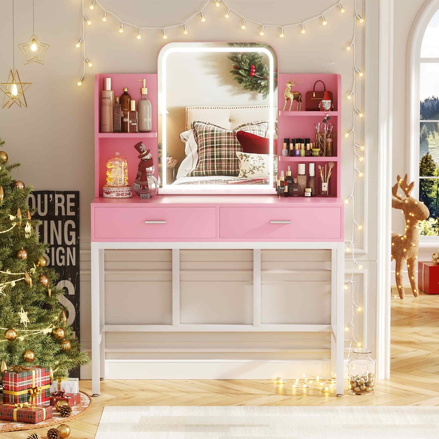 Vanity Desk with LED Lighted Mirror, Makeup Desk with 5 Storage Shelves & 2 Drawers, Vanity Table, Modern Dressing Table with 3 Color Lighting