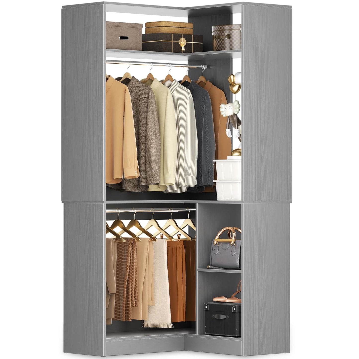 34’’ Corner Closet System with Shelves and Hanging Rods