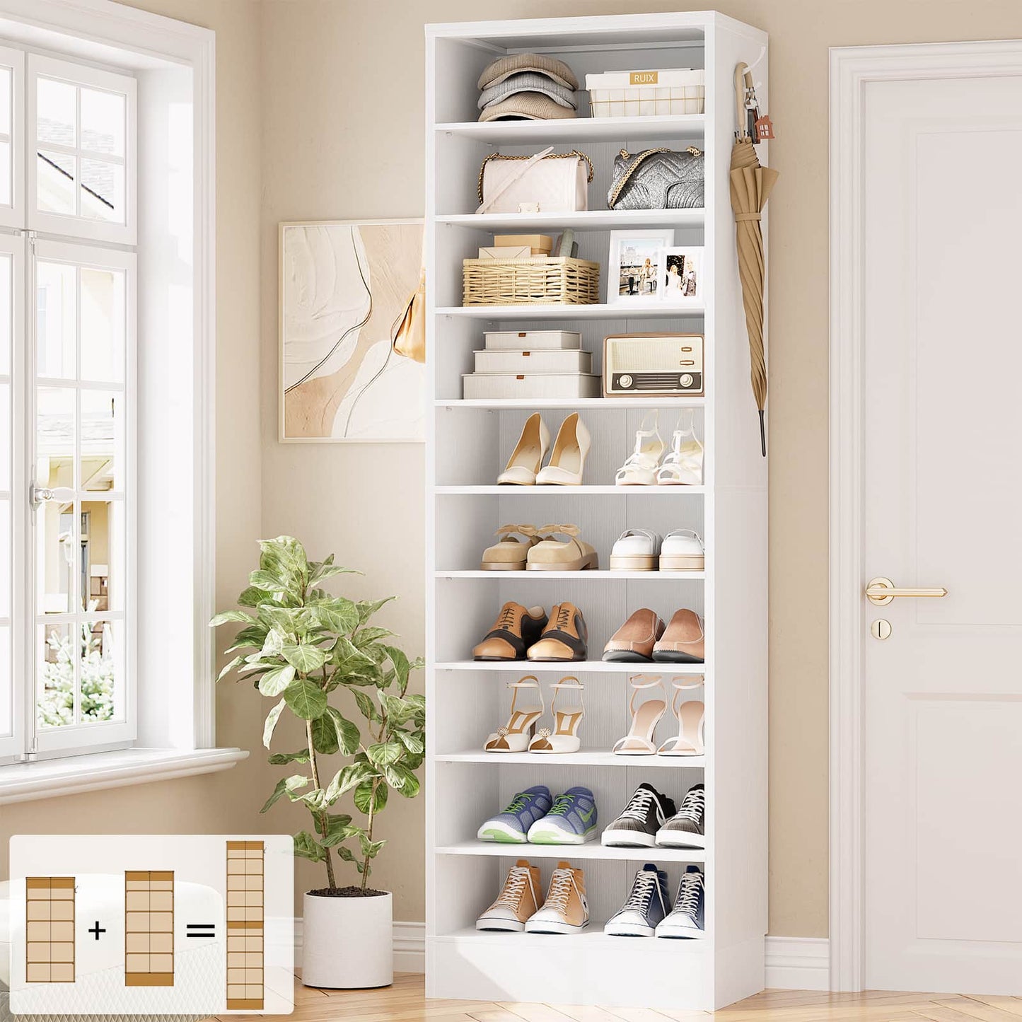 Tall Shoe Cabinet, 10 Tiers Narrow Wood Shoe Rack