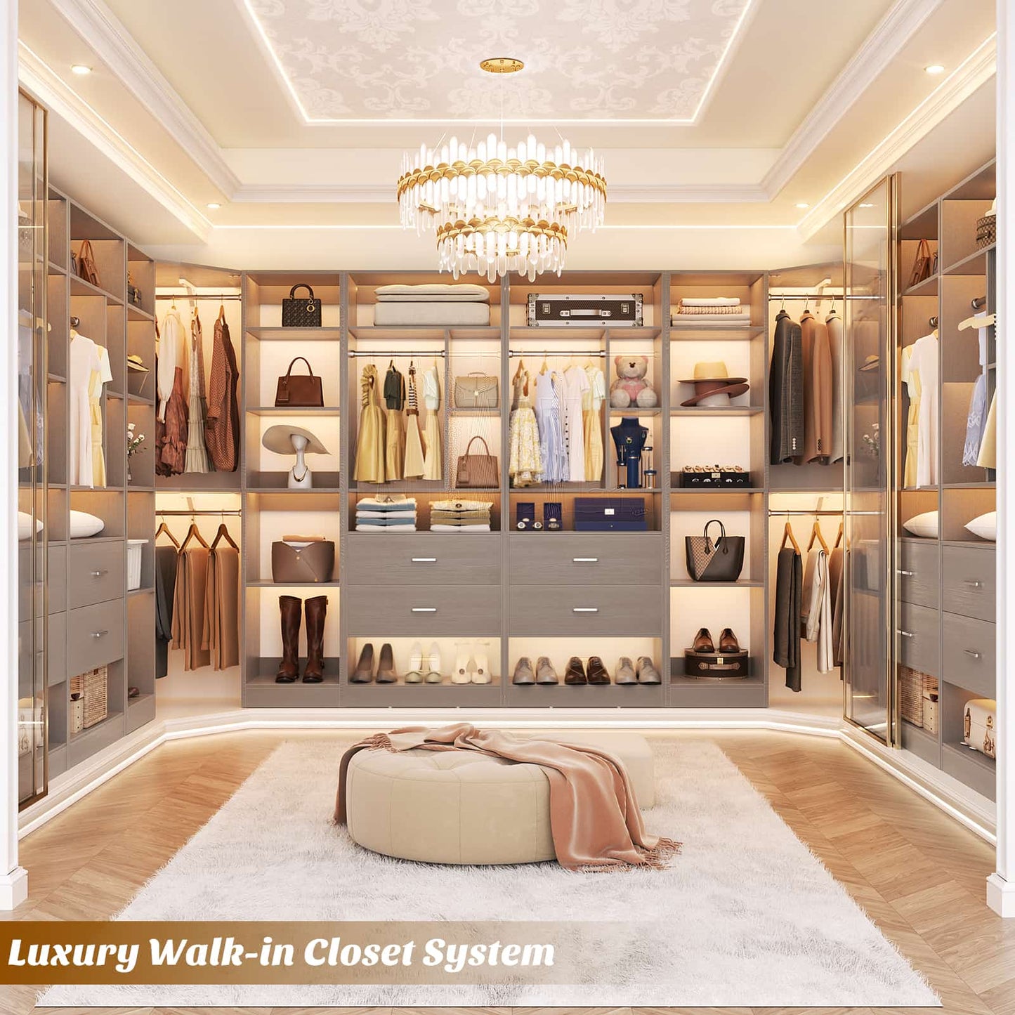 Closet System Closet Organizer, Wood Closet Organizer System,Walk-in Closet or Small Closets Wardrobe, Clothes Rack with Hanging Rods