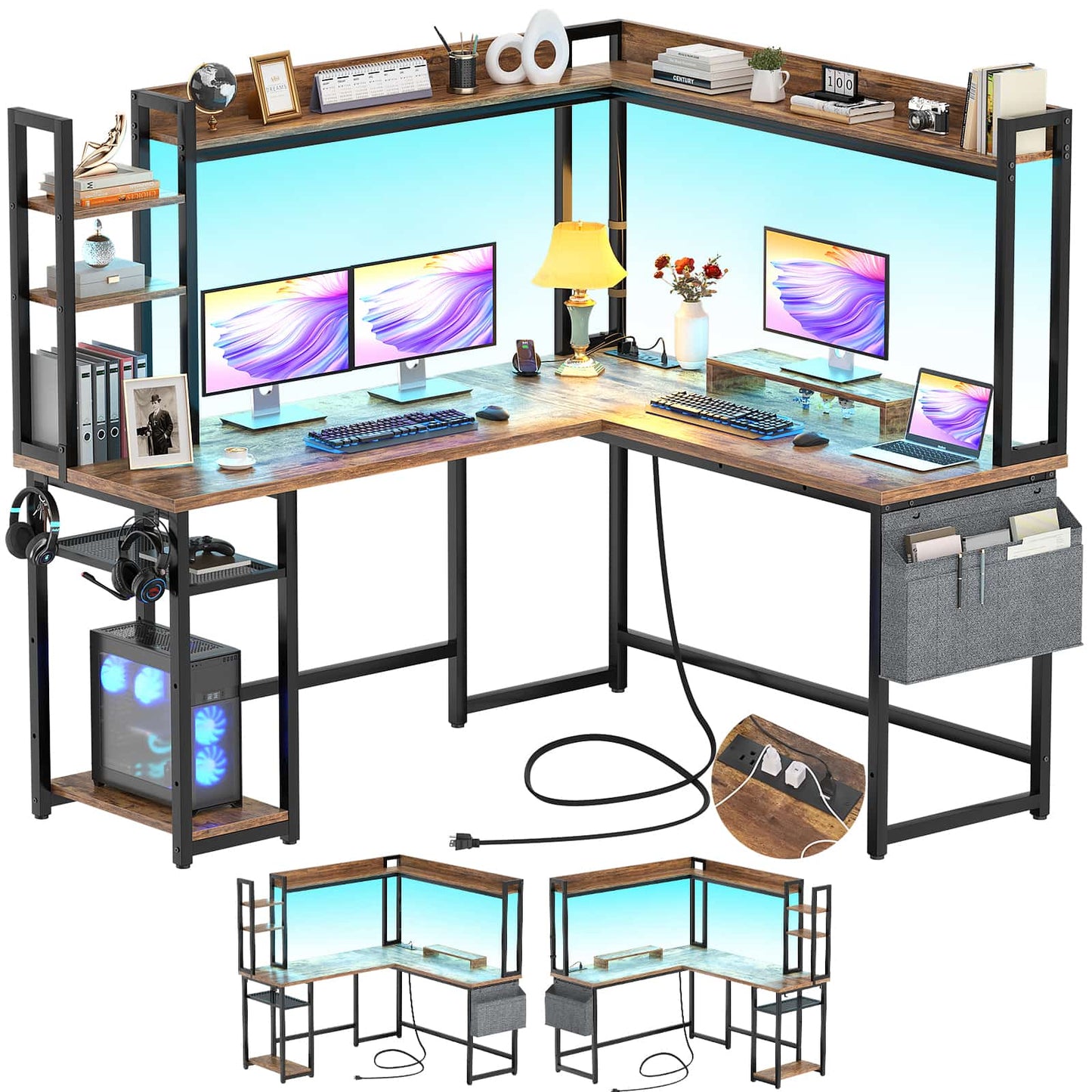 L Shaped Desk with Power Outlet and LED lights