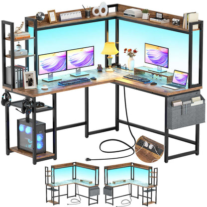 L Shaped Desk with Power Outlet and LED lights