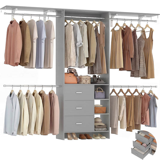 8FT Walk-in Armoire Closet Organizer with 3 Wooden Drawers & Hanging Rods, Adjustable Garment Rack for 5.3-9 ft Spaces,Wardrobe Storage Shelf