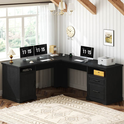 L Shaped Executive Desk with File Drawers, 60" Corner Computer Desk with Power Outlets