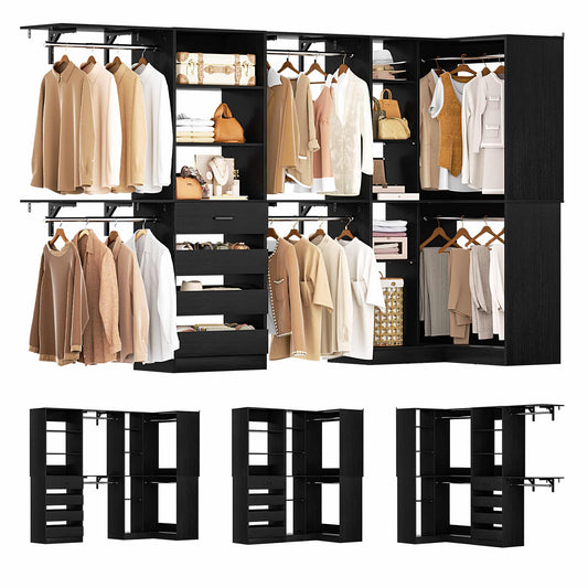 96"-128" 2-Piece Freestanding Closet System, Corner Wardrobe Organizer with Drawers & Shelves for Bedroom/Living Room