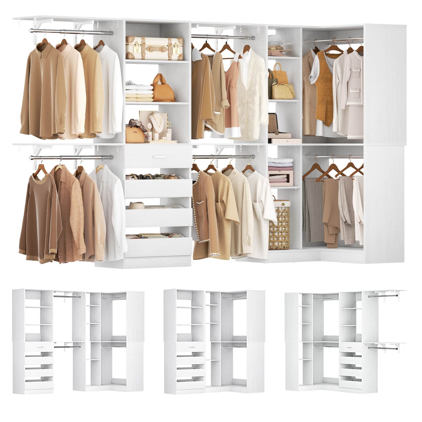 96"-128" 2-Piece Freestanding Closet System, Corner Wardrobe Organizer with Drawers & Shelves for Bedroom/Living Room