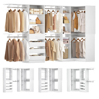 96"-128" 2-Piece Freestanding Closet System, Corner Wardrobe Organizer with Drawers & Shelves for Bedroom/Living Room