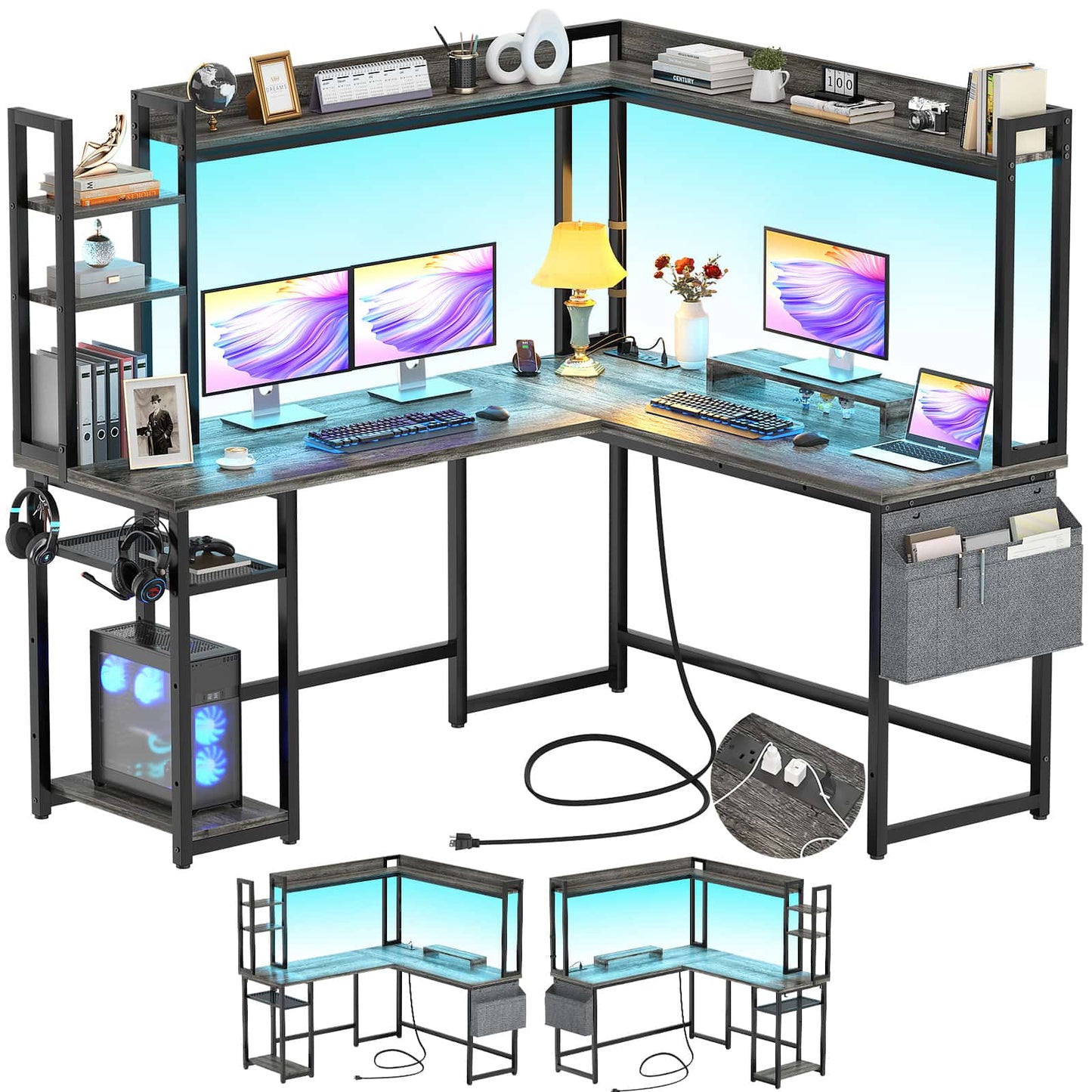L Shaped Desk with Power Outlet and LED lights