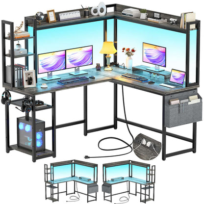 L Shaped Desk with Power Outlet and LED lights