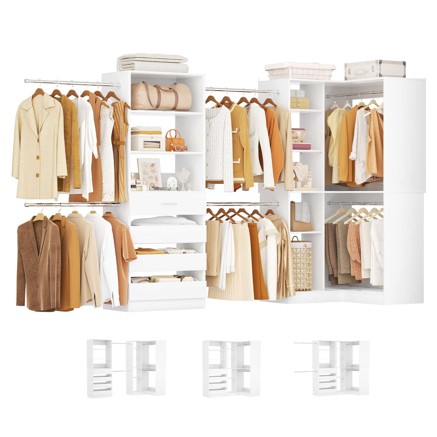 58"-152" Freestanding Closet System, Wardrobe Organizer with Drawers & Shelves, Corner Storage Unit for Bedroom/Living Room