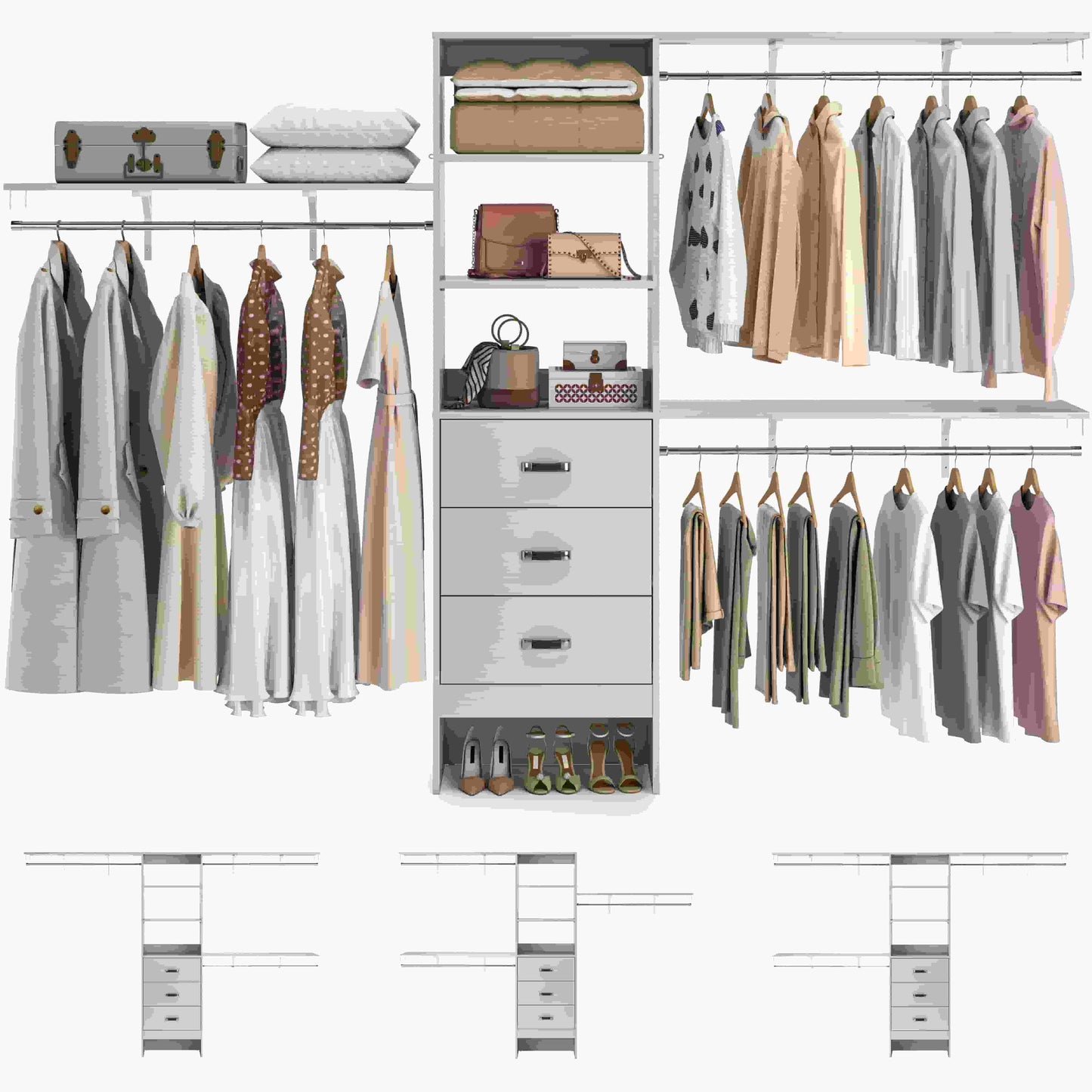 120'' W Closet System with Drawers, Closet Organizer with 3 Shelving Towers