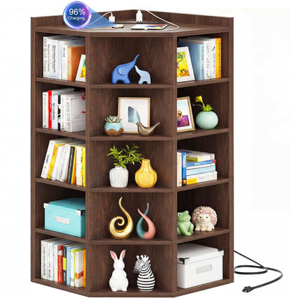 6-Tier Corner Cabinet with Power Outlets & 15 Cubes - Wooden L-Shaped Bookshelf, Toy Storage for Home Office, Bedroom, Living Room