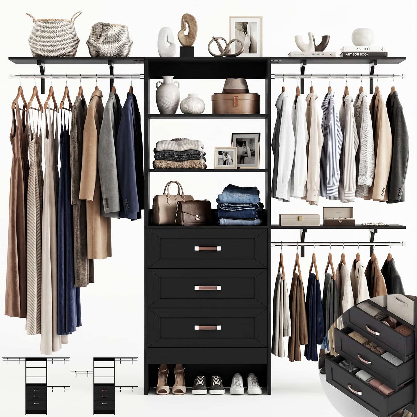 96'' W Closet Organizer System With Wooden Drawers