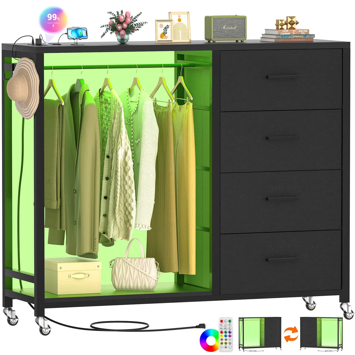 Dresser with Hanging Rack & 4 Drawers
