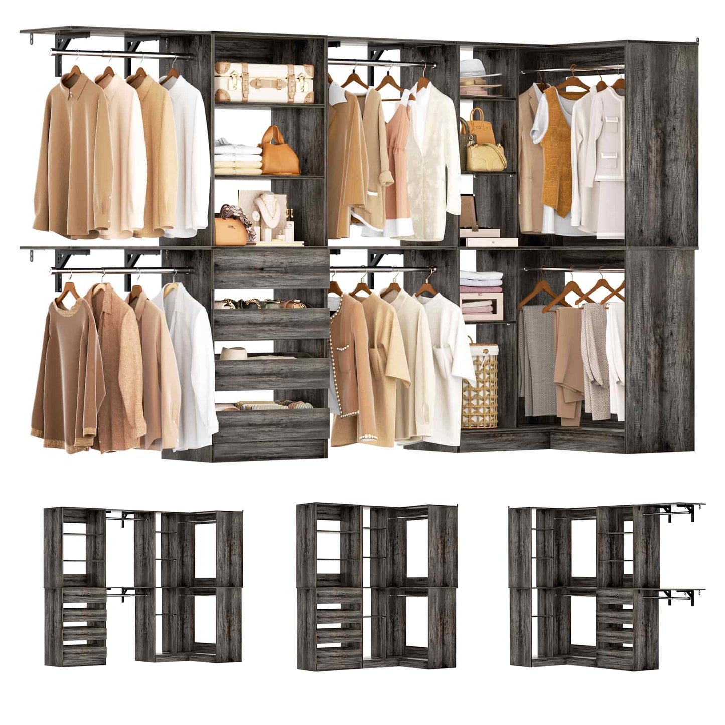 96"-128" 2-Piece Freestanding Closet System, Corner Wardrobe Organizer with Drawers & Shelves for Bedroom/Living Room