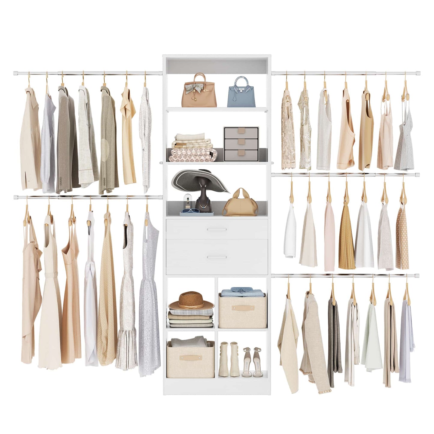 4-8 FT Walk-in Closet Organizer Tower, 2 Wooden Drawers + 5 Hang Rods, Built-in Shelves, Fit 60-96'' Closet Systems