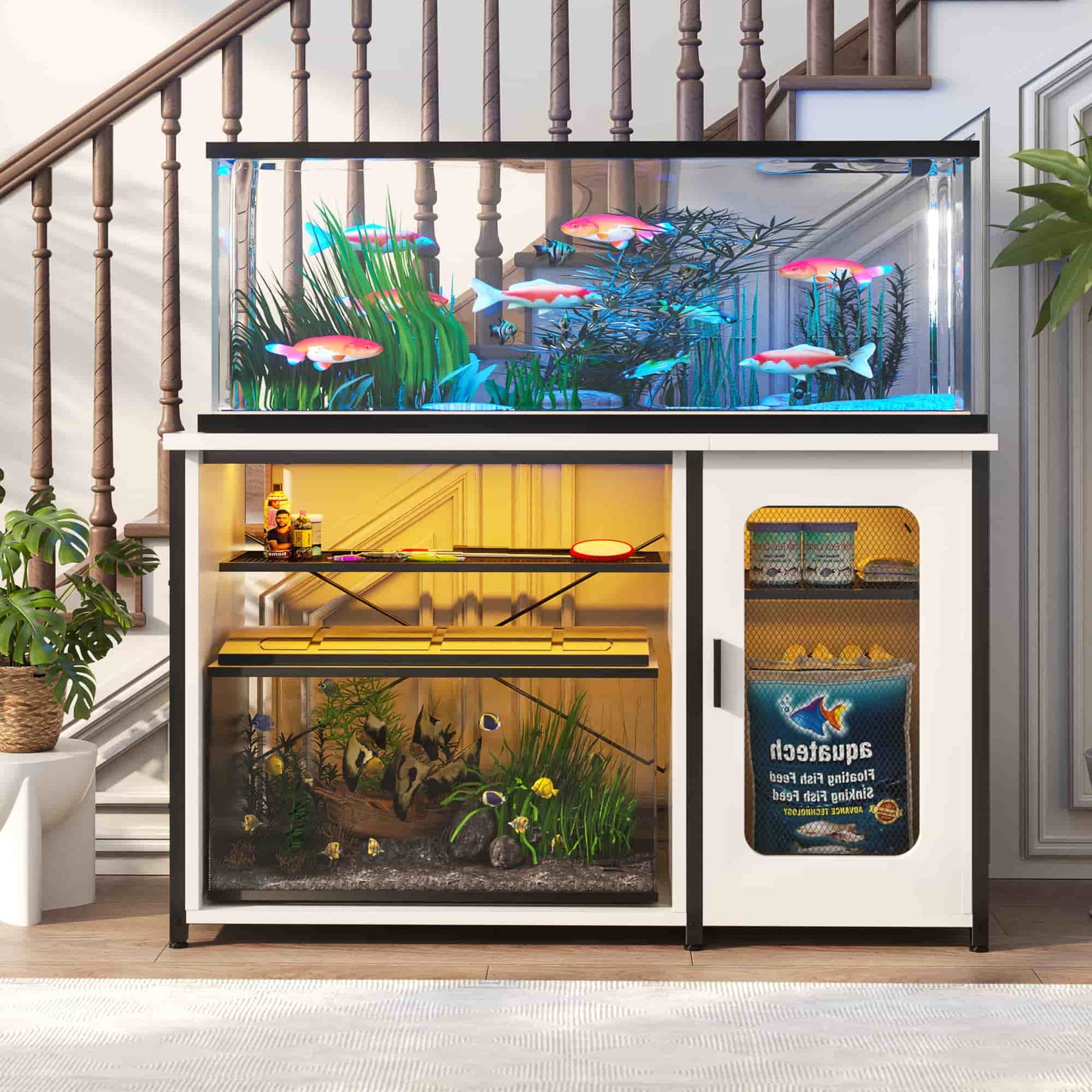 Heavy Duty 55-75 Gallon Aquarium Stand with Power Outlets, LED Light & Storage Cabinet - Reversible Metal Fish Tank Stand, 880LBS Capacity