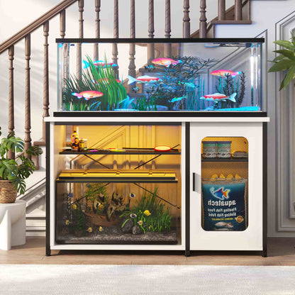 Heavy Duty 55-75 Gallon Aquarium Stand with Power Outlets, LED Light & Storage Cabinet - Reversible Metal Fish Tank Stand, 880LBS Capacity