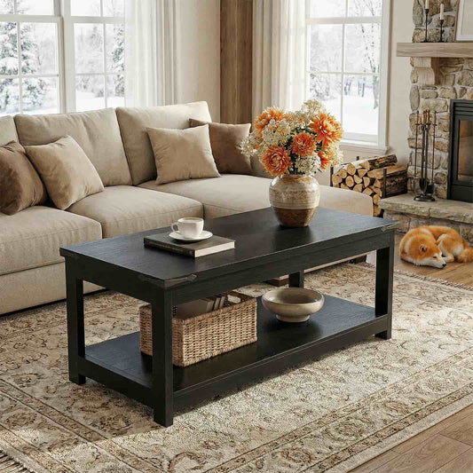 43.3” Farmhouse Wood Coffee Table with Storage Shelf, Modern Center Table for Living Room