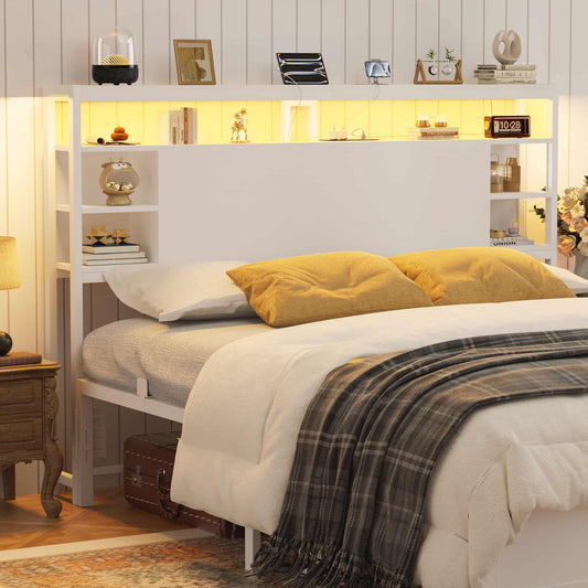 Queen Headboard with Storage, Headboards with Power Outlets and Smart LED Light, Sturdy Head Board for Queen Size Bed