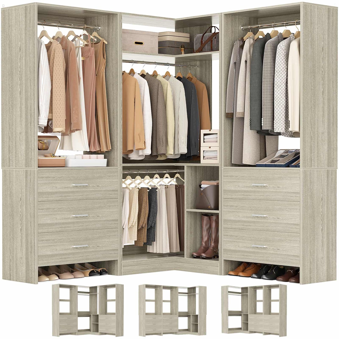 81'' Closet System with 6 Drawers, 4 Hanging Rods & Corner Tower